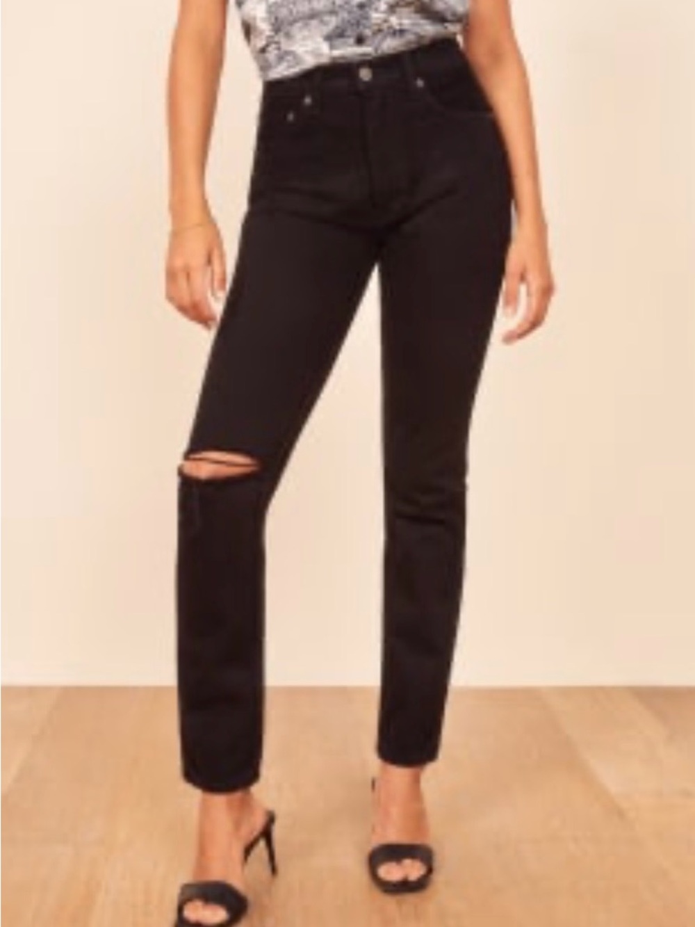 Reformation Julia Cigarette Black High-Rise Skinny Jean with Knee Rip